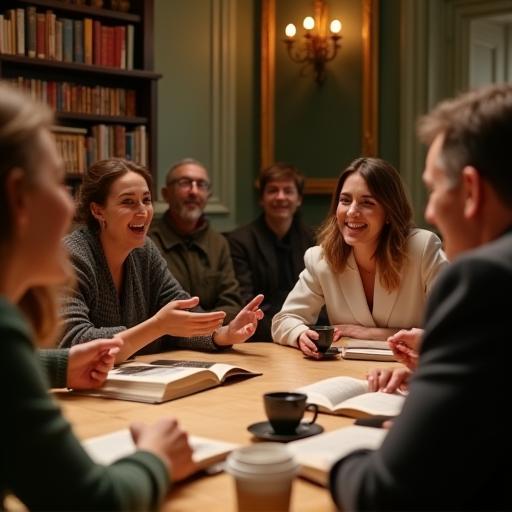 Club de lecture en ambiance chaleureuse à Paris, membres réunis autour d’une table
